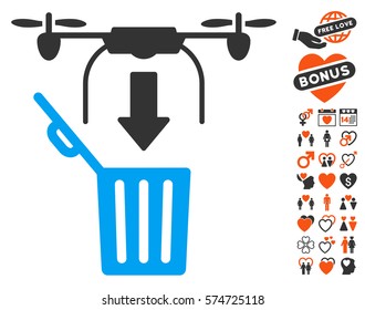 Drone Drop Trash icon with bonus love icon set. Vector illustration style is flat iconic symbols for web design, app user interfaces.