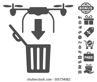 Drone Drop Trash icon with free bonus pictograms. Vector illustration style is flat iconic symbols, gray color, white background.