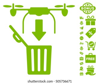 Drone Drop Trash icon with free bonus images. Vector illustration style is flat iconic symbols, eco green color, white background.