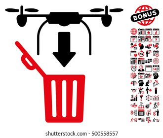 Drone Drop Trash pictograph with bonus calendar and time service images. Vector illustration style is flat iconic symbols, intensive red and black colors, white background.