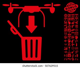 Drone Drop Trash pictograph with bonus calendar and time management clip art. Vector illustration style is flat iconic symbols, red color, black background.