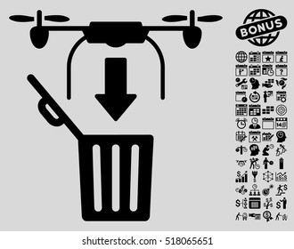 Drone Drop Trash pictograph with bonus calendar and time service icon set. Vector illustration style is flat iconic symbols, black color, light gray background.