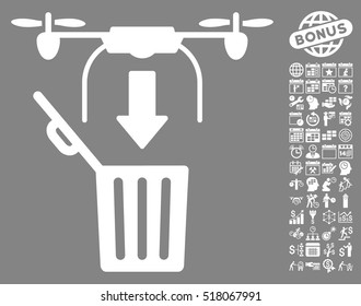 Drone Drop Trash pictograph with bonus calendar and time management images. Vector illustration style is flat iconic symbols, white color, gray background.