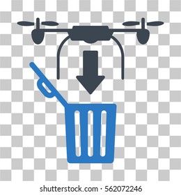 Drone Drop Trash vector icon. Illustration style is flat iconic bicolor smooth blue symbol on a transparent background.