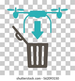 Drone Drop Trash vector icon. Illustration style is flat iconic bicolor grey and cyan symbol on a transparent background.