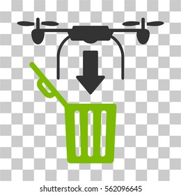 Drone Drop Trash vector icon. Illustration style is flat iconic bicolor eco green and gray symbol on a transparent background.