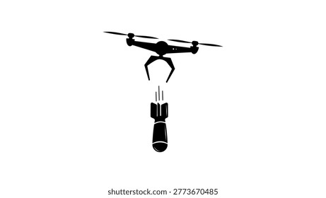 Drone dropping a bomb, black isolated vector silhouette