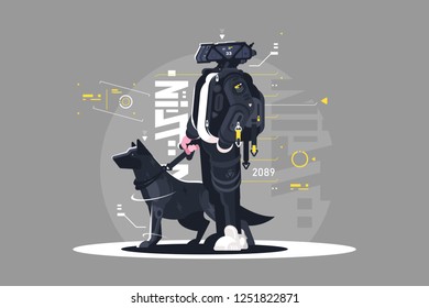 Drone dude walking with dog vector illustration. Robot going with doggy on leash flat style design. Futuristic services and future technologies concept