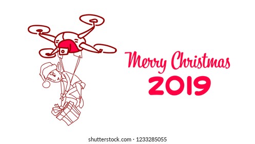 drone elf delivery present happy new year merry christmas holiday sketch doodle horizontal vector illustration