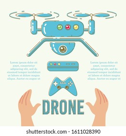 Drone for Entertainment and Aerial Photography or Video Flat Vector Advertising Banner, Promo Poster Template. Modern Drone with Action Camera, Drone Flight Controller or Gamepad Illustration