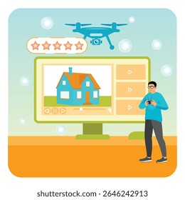 A drone enthusiast captures and reviews property images for real estate purposes, emphasizing technology in modern business and marketing practices. Home for sale concept.