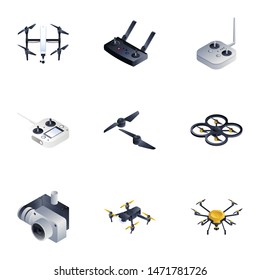 Drone equipment icon set. Isometric set of 9 drone equipment vector icons for web design isolated on white background