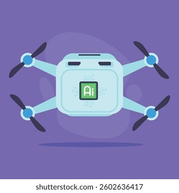 Drone equipped with artificial intelligence symbol hovering against vibrant purple backdrop. Modern technology and innovation concept