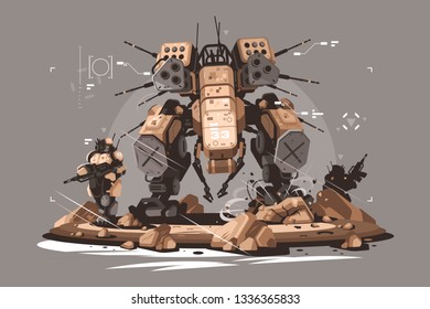 Drone escort infantry vector illustration. Military army soldier robot mercenary mechanized and automated flat style concept. Latest robotic technologies futuristic services and future technologies