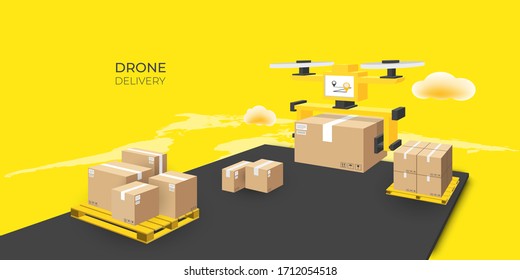 Drone express delivery with package against world map. Online service application on cloud. 3d perspective illustration