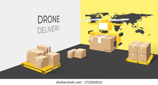 Drone express delivery with package against world map. Online service application on cloud. 3d perspective illustration