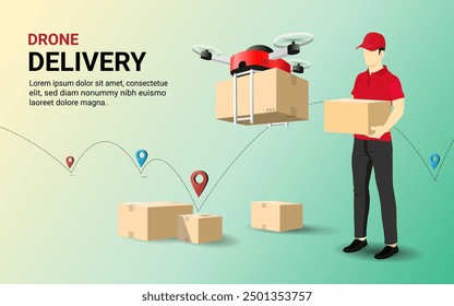 Drone express delivery service with Delivery courier man in red uniform holding Parcel Box. remote control air logistics by drone .Fast Digital online delivery concept. 3D vector Illustration