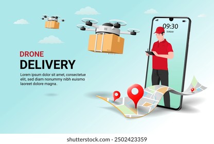 Drone express delivery service with man in red uniform remote controls a drone. Remote control air logistics by drone, Online order, Online delivery .Drone delivery concept. 3D vector Illustration