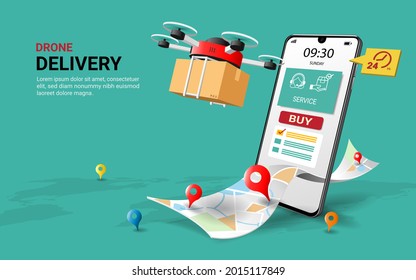 Drone express delivery service with package on mobile phone app. remote control air logistics by drone .fast Digital online delivery concept. Webpage, app design. 3D vector Illustration