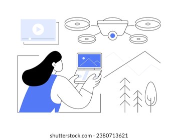 Drone filming isolated cartoon vector illustrations. Girl controls drone and shoots video, aerial videography, modern creative hobby, leisure time art activity, piloting process vector cartoon.