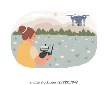 Drone filmando Ilustraciones vectoriales de dibujos animados aislados. Video Chica controla drone y dispara, videografía Aéreas, pasatiempo creativo moderno, actividad de arte de tiempo libre, proceso de pilotaje de dibujos animados de Vector.