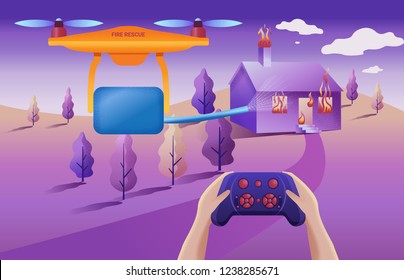 Drone for fire service. Drone fly over the landscape and makes fire extinguishing. Hands controlling the drone via controller.