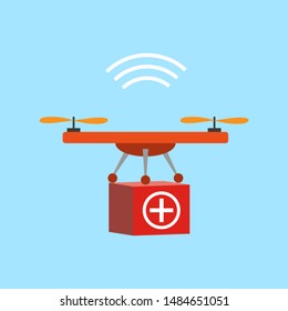 Drone with first aid kit. Emergency medical concept. Vector Illustration