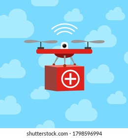 Drone with first aid kit. Emergency medical concept. Vector Illustration