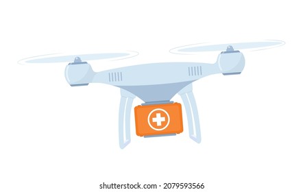 Drone with first aid kit. Emergency medical concept. Quadcopter carrying a medicine chest. Technological shipment innovation. Drone delivery service. Vector Illustration