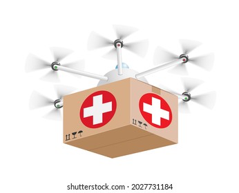 Drone with first aid parcel delivery,
Vector illustration isolated on white background

