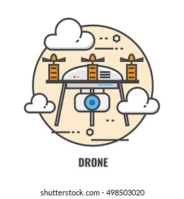 Drone flat color line vector icon illustration with many object including robot, machine, camera, sky, fly. To be use in app, website, blog, poster, event, or as a graphic element. 