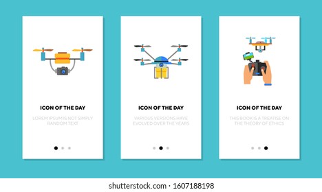 Drone flat icon set. Copter, quadcopter, remote control. Surveillance, flying gadget, aerial camera concept. Vector illustration symbol elements for web design
