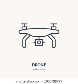 Drone flat line icon. Aerial survey device sign. Thin linear logo for photo equipment store.