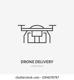 Drone flat line icon. Air package delivery sign. Thin linear logo for cargo shipping, freight services.