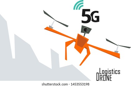 A drone flies around the city and use 5g internet connection.  Flat vector illustration in cartoon style.