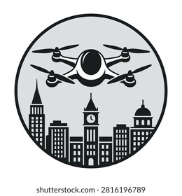 A drone flies over a cityscape with a prominent clock tower and skyscrapers, showcasing urban landscape and technology