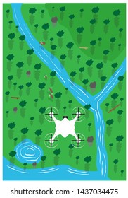 A drone flies over a forest for environmental surveying or rescue operations procedure.