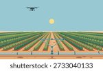 A drone flies over a vast agricultural field with rows of crops and an advanced irrigation system, symbolizing modern farming technology.
