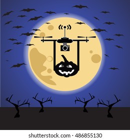 drone flies with smiling pumpkins on moon background surrounded by bats. Flat banner design for Halloween