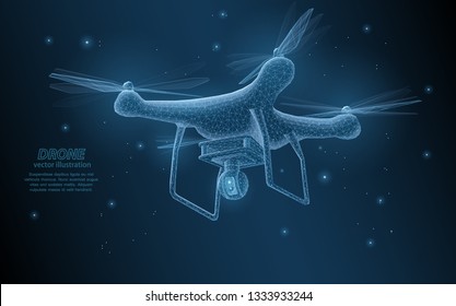 Drone in flight against a dark night sky with stars, polygonal illustration, symbol of progress, mechanization, robotization, computer technology, the future as a whole.