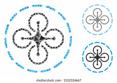 Drone flight composition of abrupt pieces in various sizes and shades, based on drone flight icon. Vector abrupt parts are composed into composition. Drone flight icons collage with dotted pattern.