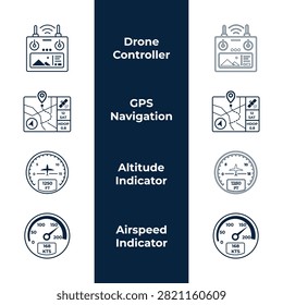 Drone flight telemetry and navigation vector icon set featuring remote transmitter controller, GPS satellite navigation map, altitude indicator gauge, and airspeed indicator