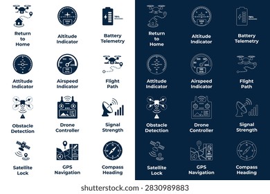 Drone flight telemetry and UAV navigation system vector icon set featuring altitude indicator, attitude indicator, airspeed gauge, return to home, drone controller, and GPS lock.