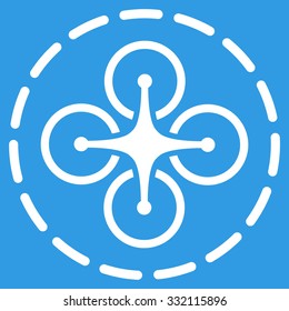 Drone Flight vector icon. Style is flat symbol, white color, rounded angles, blue background.