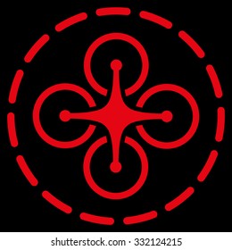Drone Flight vector icon. Style is flat symbol, red color, rounded angles, black background.