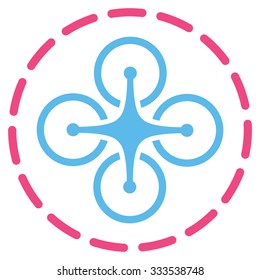 Drone Flight vector icon. Style is bicolor flat symbol, pink and blue colors, rounded angles, white background.