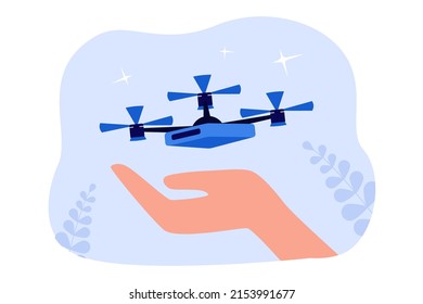 Drone flying above big human hand. Person controlling electric toy or quadcopter flat vector illustration. Technology, innovation concept for banner, website design or landing web page