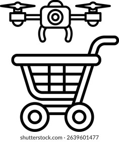 A drone is flying above a shopping cart. The drone is hovering over the shopping cart, which is placed on a white background. Concept of technology and modernity, as well as the idea of convenience