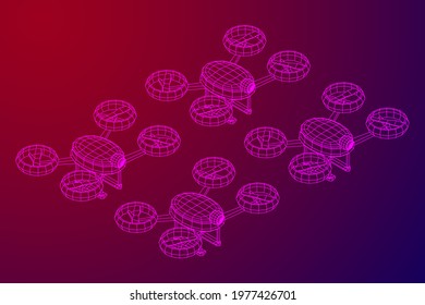 Drone flying with action video camera. Wireframe low poly mesh vector illustration