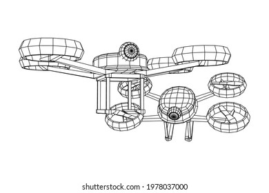 Drone flying with action video camera. Wireframe low poly mesh vector illustration